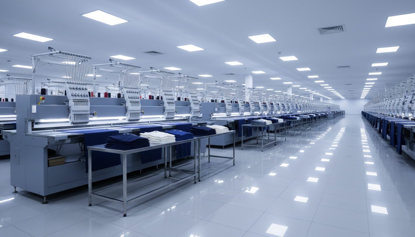 A spacious, ultra-clean production floor equipped with high-end textile machines—industrial embroidery units and fabric cutters—gleaming in brushed stainless steel. The floor is spotless, finished with polished light-gray tiles, and the machines are aligned in straight, orderly rows. Stacks of neatly folded custom apparel are visible on steel-topped tables, emphasizing quality control. Overhead LED fixtures provide consistent, diffuse brightness with crisp highlights along machine edges and soft shadows beneath tables. The scene exudes technical efficiency and modern professionalism. Captured from a slightly wide, low-angle perspective to showcase scale and organization. Photographic realism with a corporate, structured image style fits the manufacturing context perfectly.