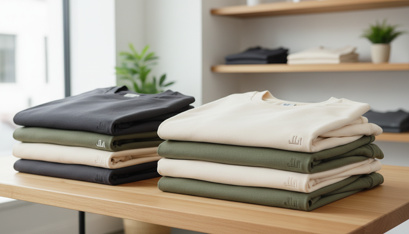A meticulously arranged stack of custom-fabric t-shirts and hoodies, each neatly folded and displaying subtle branding tags along crisp hems. The garments feature premium, soft cotton in neutral shades—charcoal gray, ivory, and muted olive—with visible fine stitching and structured forms. Set atop a smooth, pale wood display table in a bright, minimal showroom with clean white walls and organized shelving in the background. Soft, diffused daylight pours in from a nearby window, enhancing textures and casting light shadows. The mood is calm, professional, and inviting. Captured from an eye-level perspective with sharp detail throughout for a balanced composition. The image style is photographic realism with clean lines, echoing a contemporary corporate aesthetic suited for a custom clothing business site.