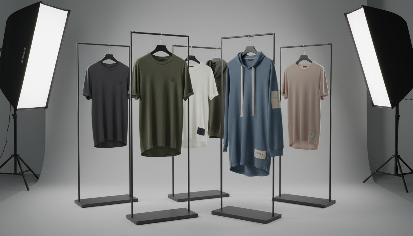 A curated showcase of premium finished t-shirts and hoodies displayed on sleek, minimalist clothing stands with matte black bases. Each garment is precisely draped to highlight fine tailoring details, unique necklines, and branded labeling. The setting is a tastefully designed product photography studio, featuring a seamless light-gray backdrop and uncluttered floor. Subtle, soft studio lights from multiple angles create gentle, flattering highlights and barely-there shadows. The resulting mood is refined, focused, and conveys understated luxury. The shot is composed with rule-of-thirds balance, using shallow depth of field to subtly separate the garments from their neutral background. This clean, photographic style supports the company’s emphasis on quality and design excellence.