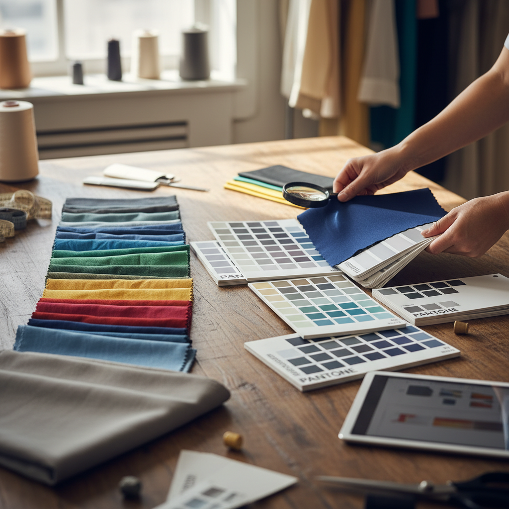 Color matching process, featuring fabric swatches and Pantone color guides to represent precise color selection for garment production.