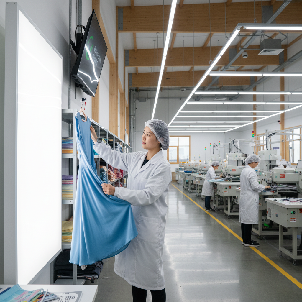 A person carefully inspecting finished garments for flaws and verifying quality in a bright, modern textile factory environment