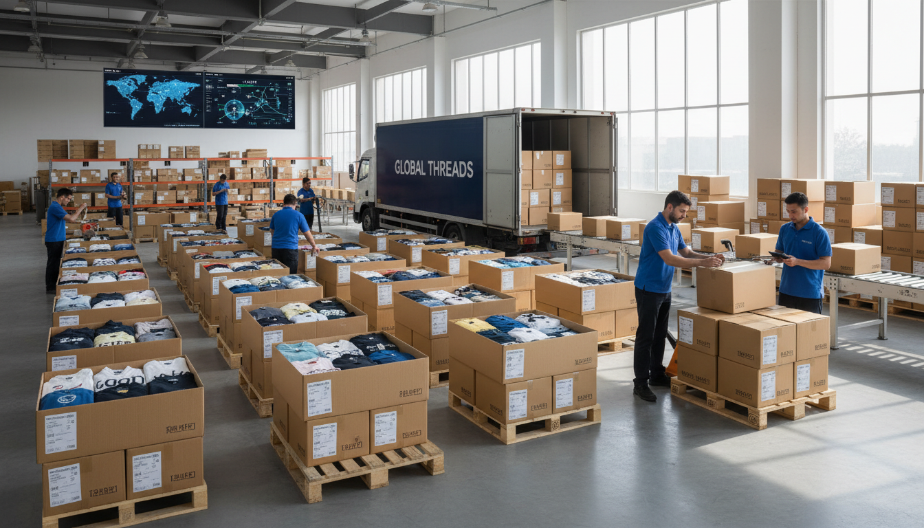 Finished garments being neatly packed into boxes and arranged for delivery, representing an efficient and organized dispatch process for custom apparel manufacturing.